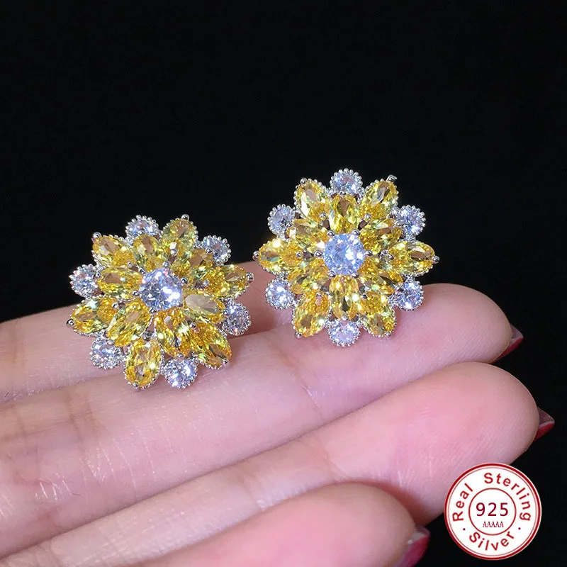 gold color Милые большие серьги-гвоздики из серебра 925 пробы с кубическим цирконием AAAAA, модные серьги в виде цветка для женщин, ювелирные изделия, подарок Brincos - Окраска металла: gold color