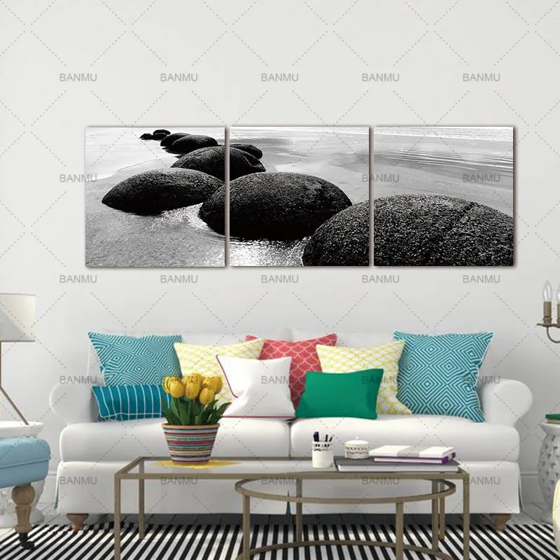 3 Панели черно белая морская волна Rush In Stone Wall Art Живопись Картины Печать на холсте