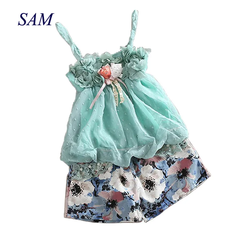 Summer Girl Clothing Sets Children's Flower Sling Vest+ Shorts 2 Pieces Suits Petal Chiffon Print Floral Pants Clothes