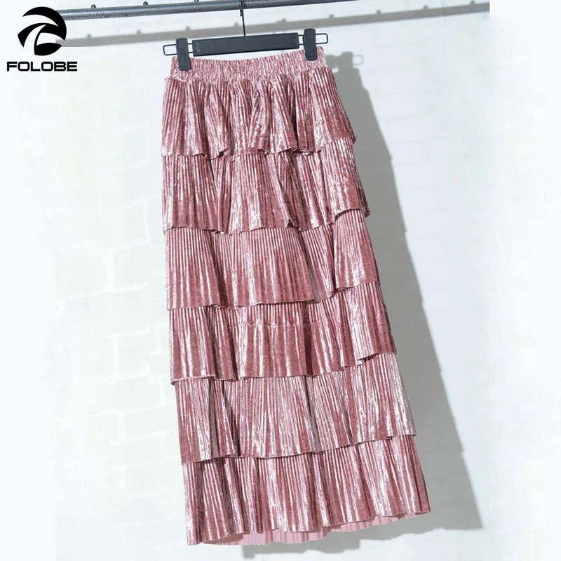 

FOLOBE 2020 Autumn winter female six layers ruffles black pink beige coffee velvet cake skirt women's high waist tiered skirts