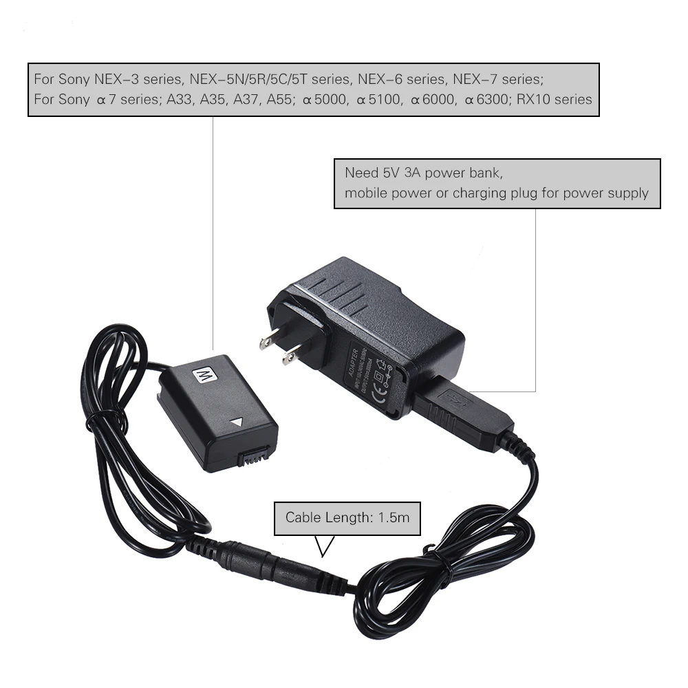 Andoer NP-FW50 Камера манекен Батарея USB Мощность Кабель-адаптер 5В 3A Замена для AC-PW20 Sony |