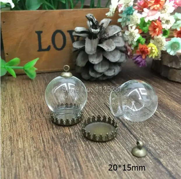 

Freeship 50sets/lot 20*15mm glass globe & bronze crown base & 6mm cap finding set glass globe set glass vial pendant glass cover