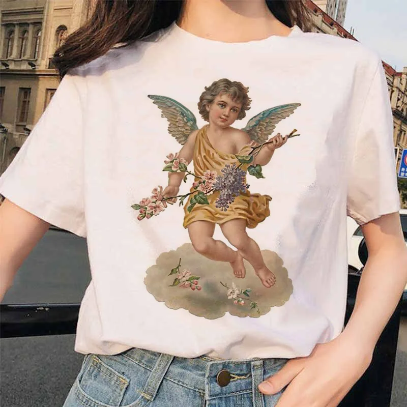 Angel Fashion Tees футболка Ullzang женская футболка с принтом Harajuku 90s Kawaii Одежда Футболка Топ летний Vogue grunge women ulzzang