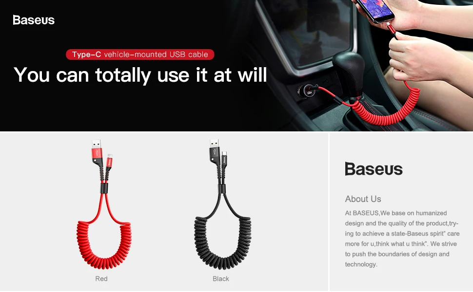 Выдвижной пружинный usb-кабель Baseus type-C для samsung S10 S9 S8 Xiaomi Mi 9 8 USB-C, быстрое автомобильное зарядное устройство USBC type-C