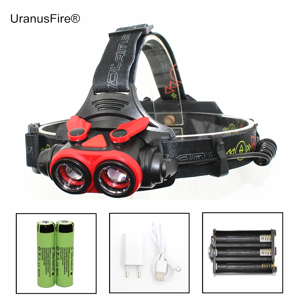 Фсветильник налобный Аккумуляторный с зарядкой от USB 18650 лм 2 x XM L T6|Налобные