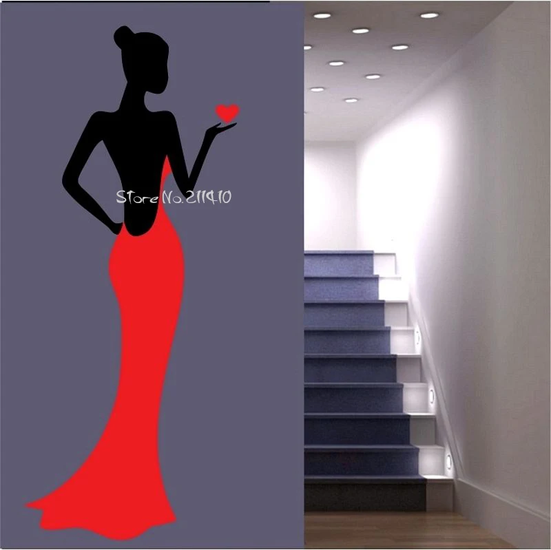 

Fashion Lady Wearing Red Long Evening Dress Wall Stickers Home Decor Living Room Custom Color Vinyl large Wall Decals A679