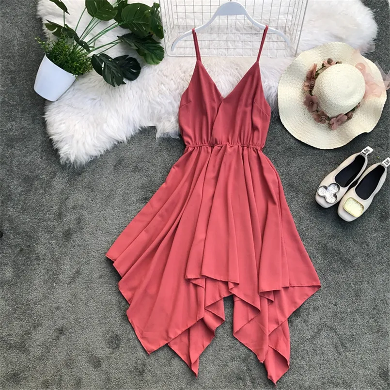 Boho Стиль с v-образным вырезом сексуальное асимметричное дамское летнее платье миди женские вечерние на бретельках повседневные пляжные праздничные Нерегулярные платья