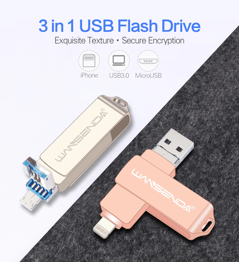 Флеш-накопитель Wansenda OTG USB 3,0, флеш-накопитель 128 ГБ, 64 ГБ, 32 ГБ, 16 ГБ, 3 в 1, высокоскоростной флеш-накопитель для iOS/Android/PC, 3 цвета