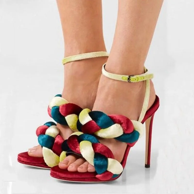 

Hot Woven Multi Velvet Twisted Ankle Strap Stiletto High-heel Gladiator Women Sandalias Shoes Women Plaited Strappy Sandal Pumps