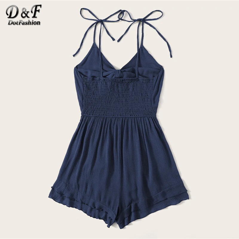 Dotfashion Solid Tie Front Shirred Back Ruffle Hem Cami Romper Women Summer Boho Sleeveless Ladies High Waist Playsuit