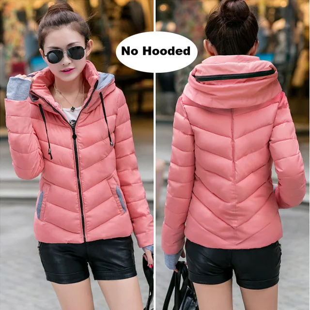 Pink-No hood Женская зимняя куртка с капюшоном, короткая, с хлопковой подкладкой, Женское пальто, осень, casaco feminino inverno, однотонная парка, воротник-стойка - Цвет: Pink-No hood
