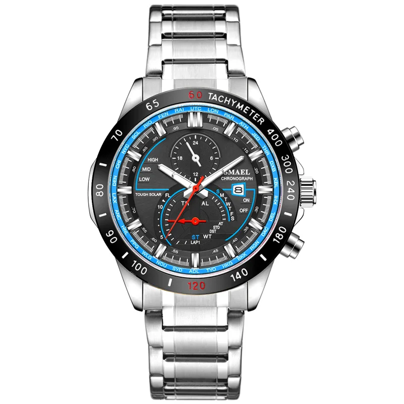 Black Blue SMAEL Luxury Men Watches Gold Tone Stainless Steel Expansion Band Fashion Chronograph Quartz Watch Men Sport Wristwatch - Цвет: Black Blue