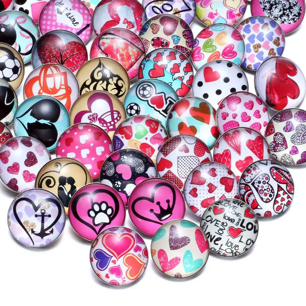 

50pcs/Lot Cute Love Hearts Theme Mix Pattern Glass Charms 18mm Snap Button Jewelry For 20mm Snaps Bracelet Snap Jewelry KZHM070