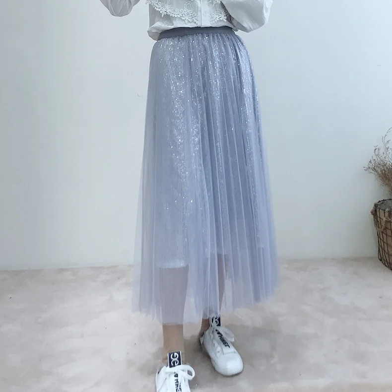 ALPHALMODA, Весенняя юбка макси, модная, расшитая блестками, газовая юбка, одноцветная, высокая талия, блестящая, с блестками, стильная, трендовая юбка