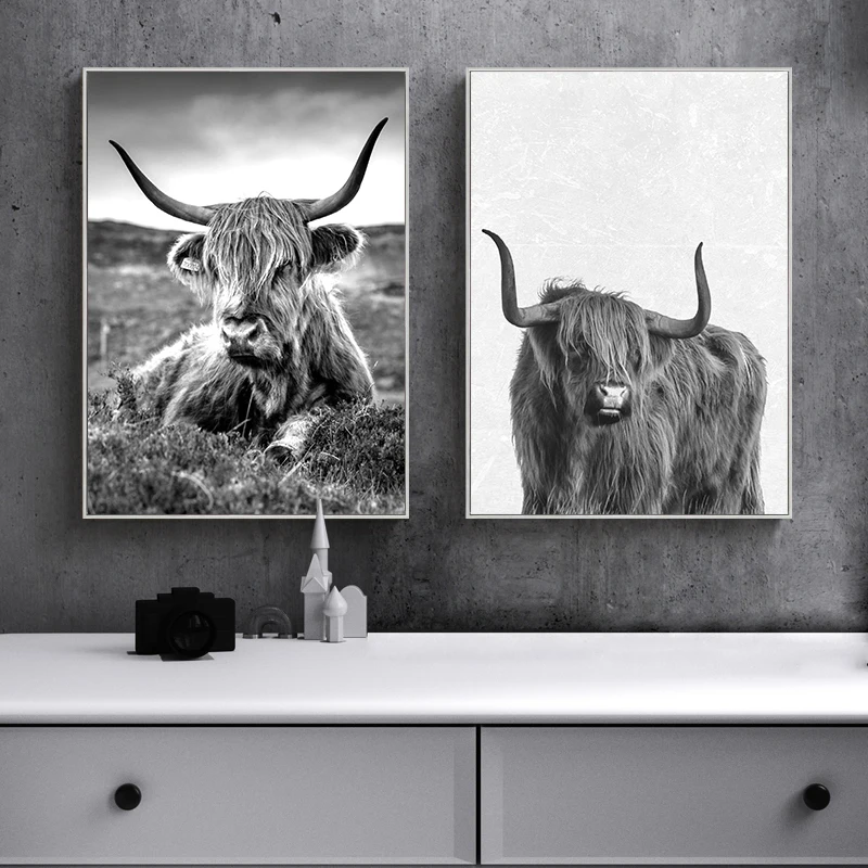 

Highland Cow Wall Art Minimalist Canvas Painting Vertical Farm Bull Posters and Prints Animal Pictures for Living Room Decor