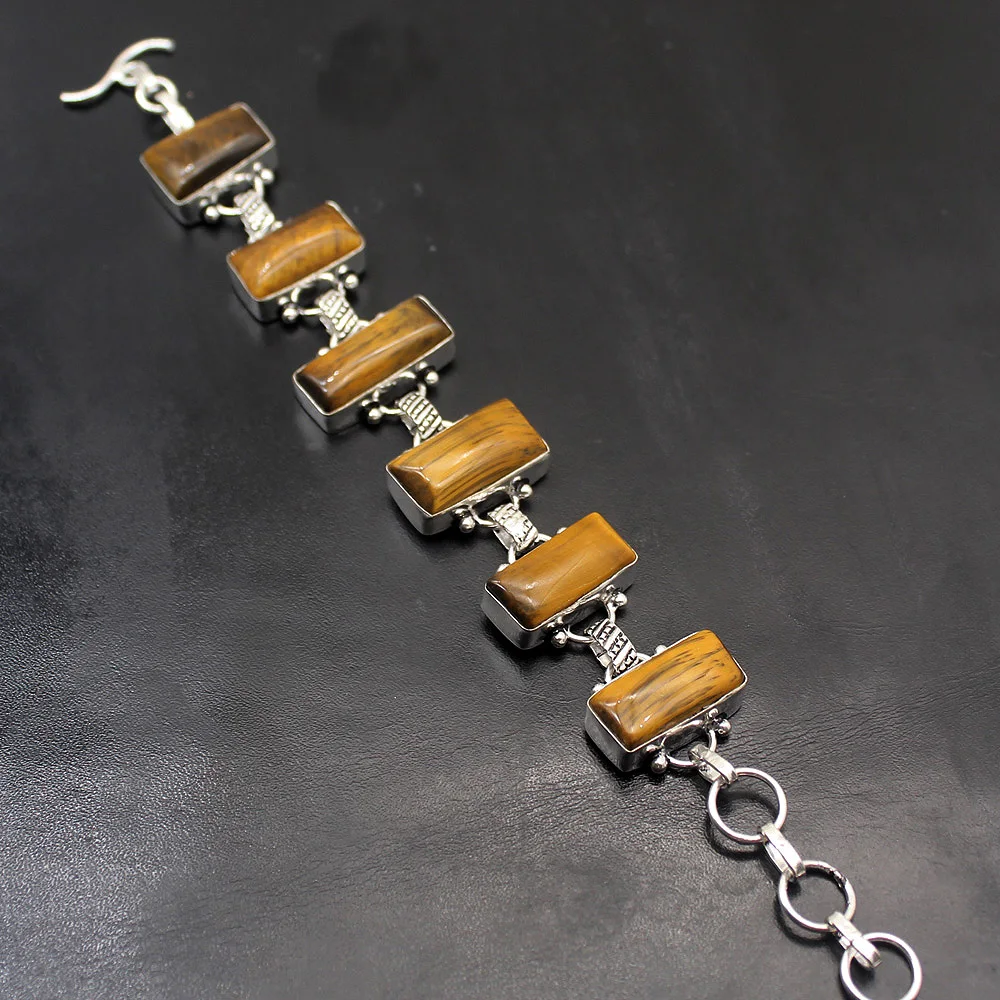 Hermosa Royal Charms Gold Tigers Eye Chain Links Bracelet 7.75 Inch A08 Free Shipping | Bracelets