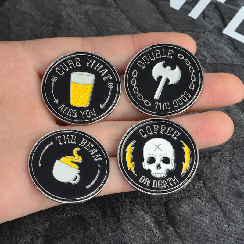 Новый Винтаж смешно эмаль круговой череп Кофе пива броши булавки и пуговицы