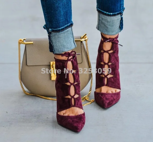 Туфли женские винно-красные замшевые пикантные лодочки с острым носком на