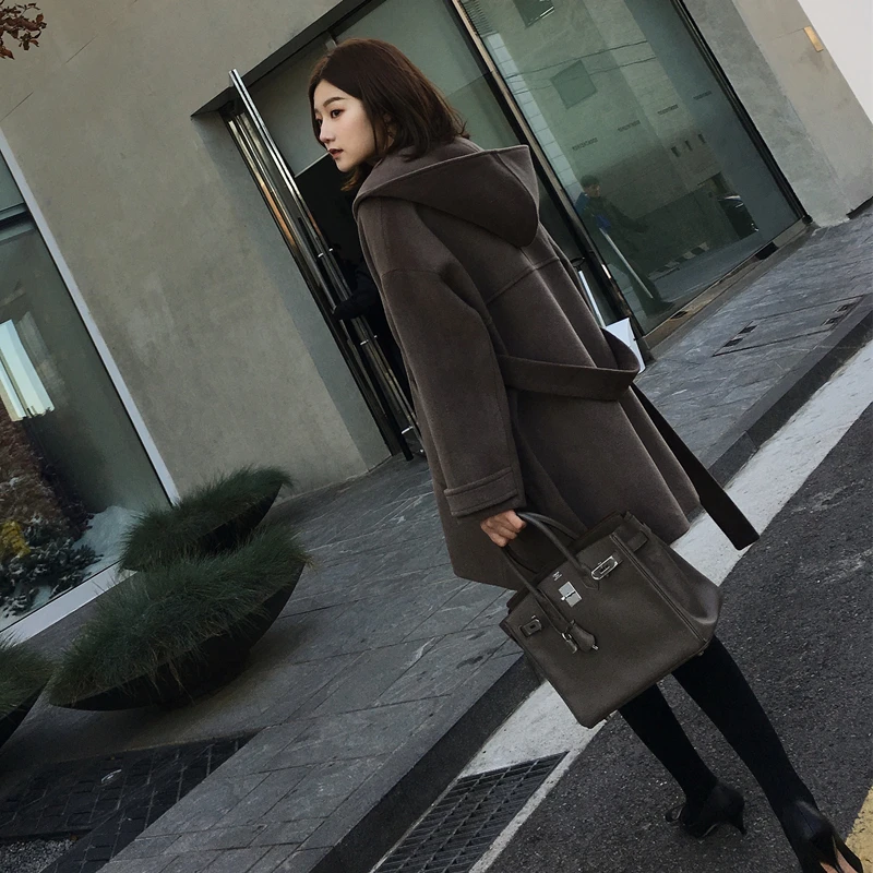 Women wool coat Office Lady Hooded Women Wool Blend Coat Double Breasted Solid Cashmere Jacket Slim Regular Ladies Coats C338