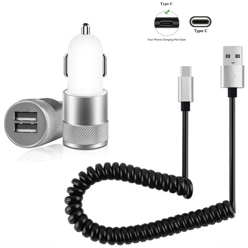 Автомобильное зарядное устройство 5 В/2,1 а с двумя портами USB, автомобильное зарядное устройство для телефона с кабелем Micro type C для samsung S10 5G S9 S8 Plus/huawei P Smart Z - Тип штекера: With Silver Type C
