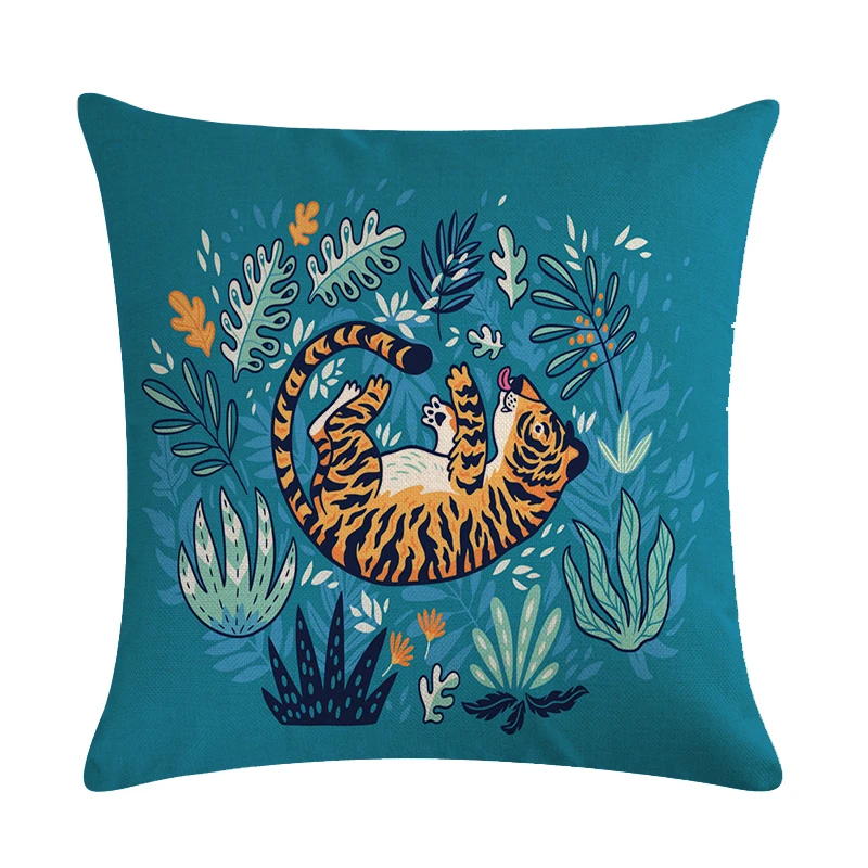 Cute Cartoon Pattern Plant Pillowcase Tiger Pillow Case Married Couples Kitten Cushions Cover Outdoor Chair 45x45cm | Дом и сад