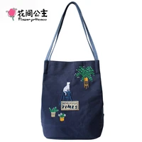 flower princess brand girls canvas shoulder bags teenager girl cat embroidery bucket bag handbag womens bolsos mujer handtas