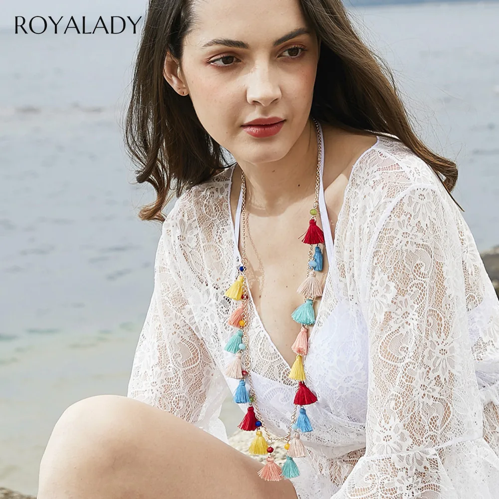 Женское ожерелье с длинной цепочкой Boho разноцветное длинное кисточками и