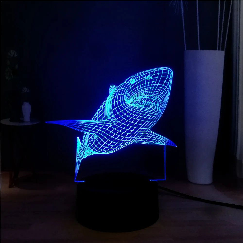 Иллюзия 3D RGB с принтом акулы челюсти светодиодный 7 цветов изменения акриловые