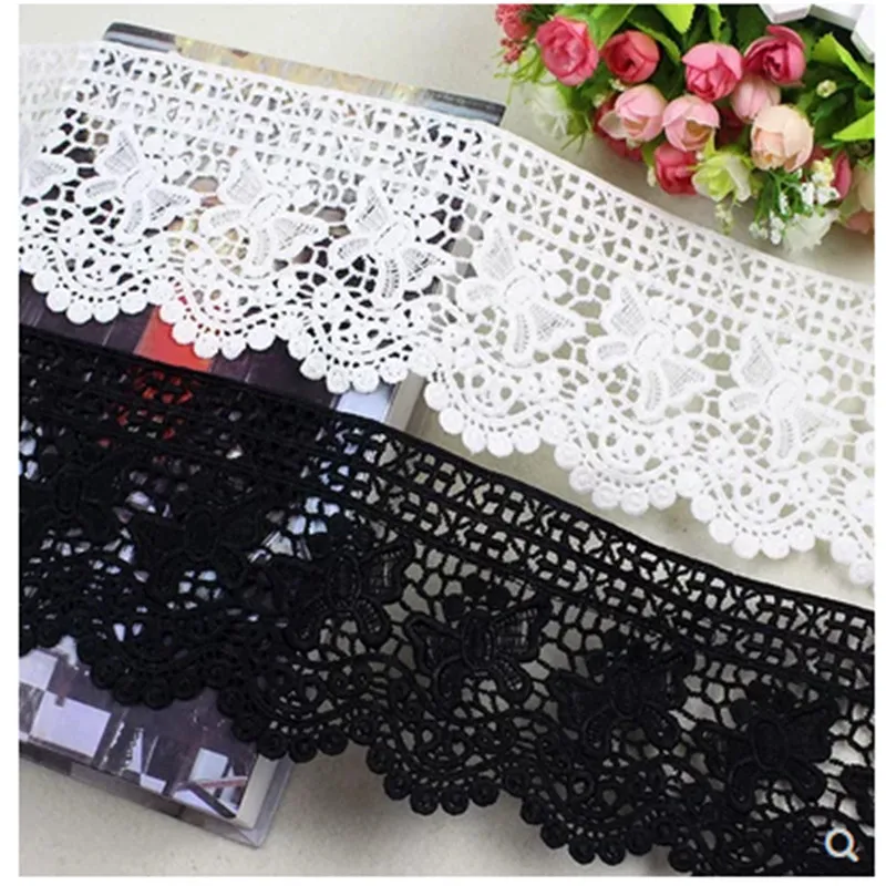 

5Yards *12cm wide White and black Water soluble milk silk ribbon hollow lace trim fabric for Sewing Bridal Wedding dress Crafts