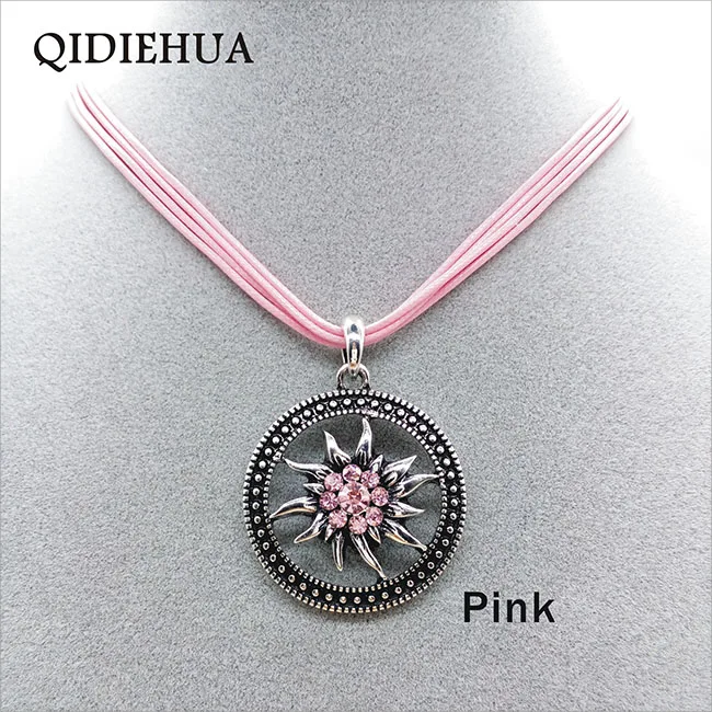 pink QIDIEHUA женское ожерелье круговое полое ожерелье Эдельвейс винтажная подвеска Октоберфест подарок на выпускной вечер модное ювелирное изделие оптом - Окраска металла: pink