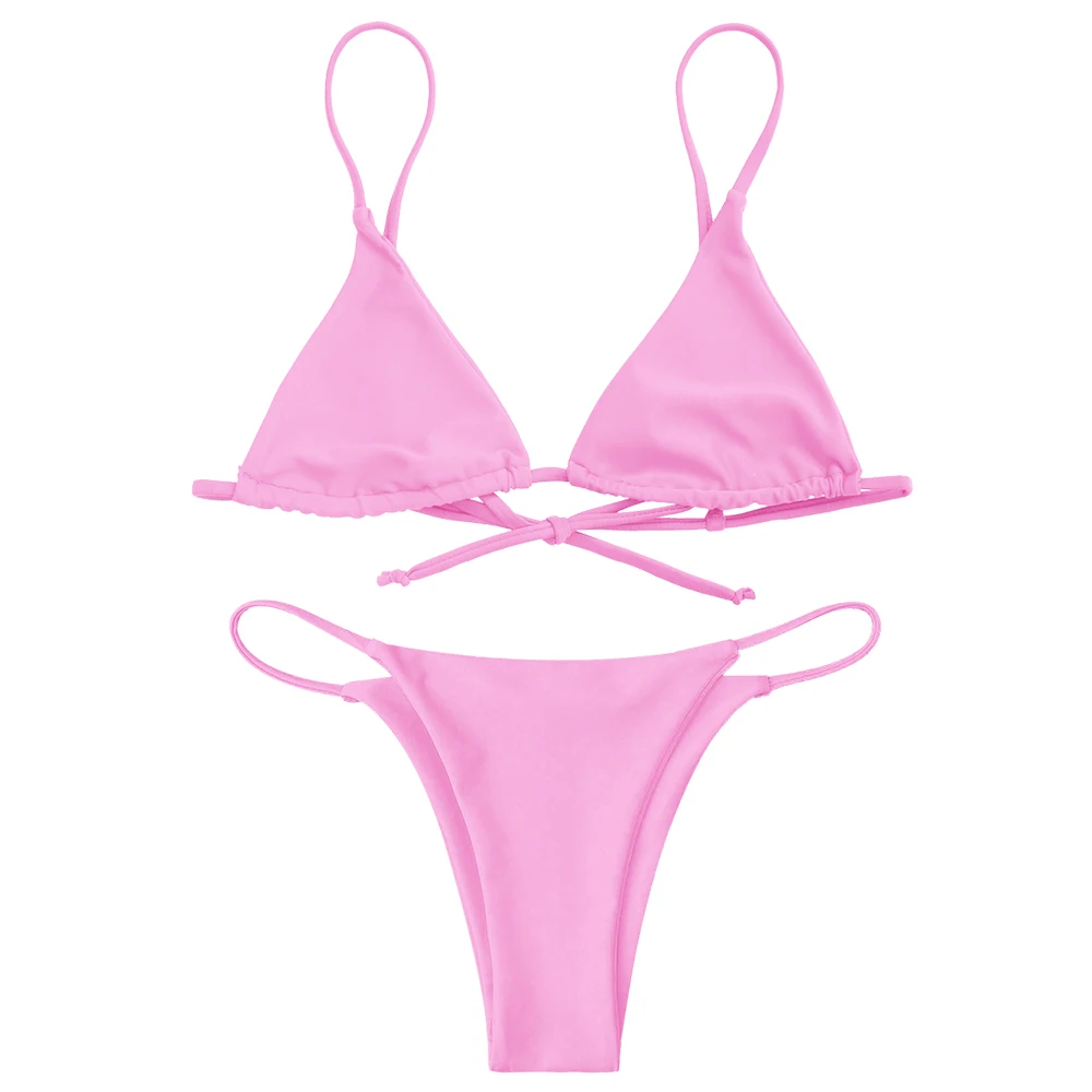Pink ZAFUL Косточек Тонги комплект бикини стринги с низкой талией на тонких бретелях купальный костюм для женщин купальный костюм с пуш-ап - Цвет: Pink