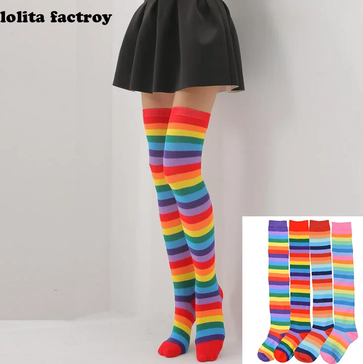 Длинные женские носки в радужную полоску Kawaii Lolita хлопок длинные Полосатые чулки