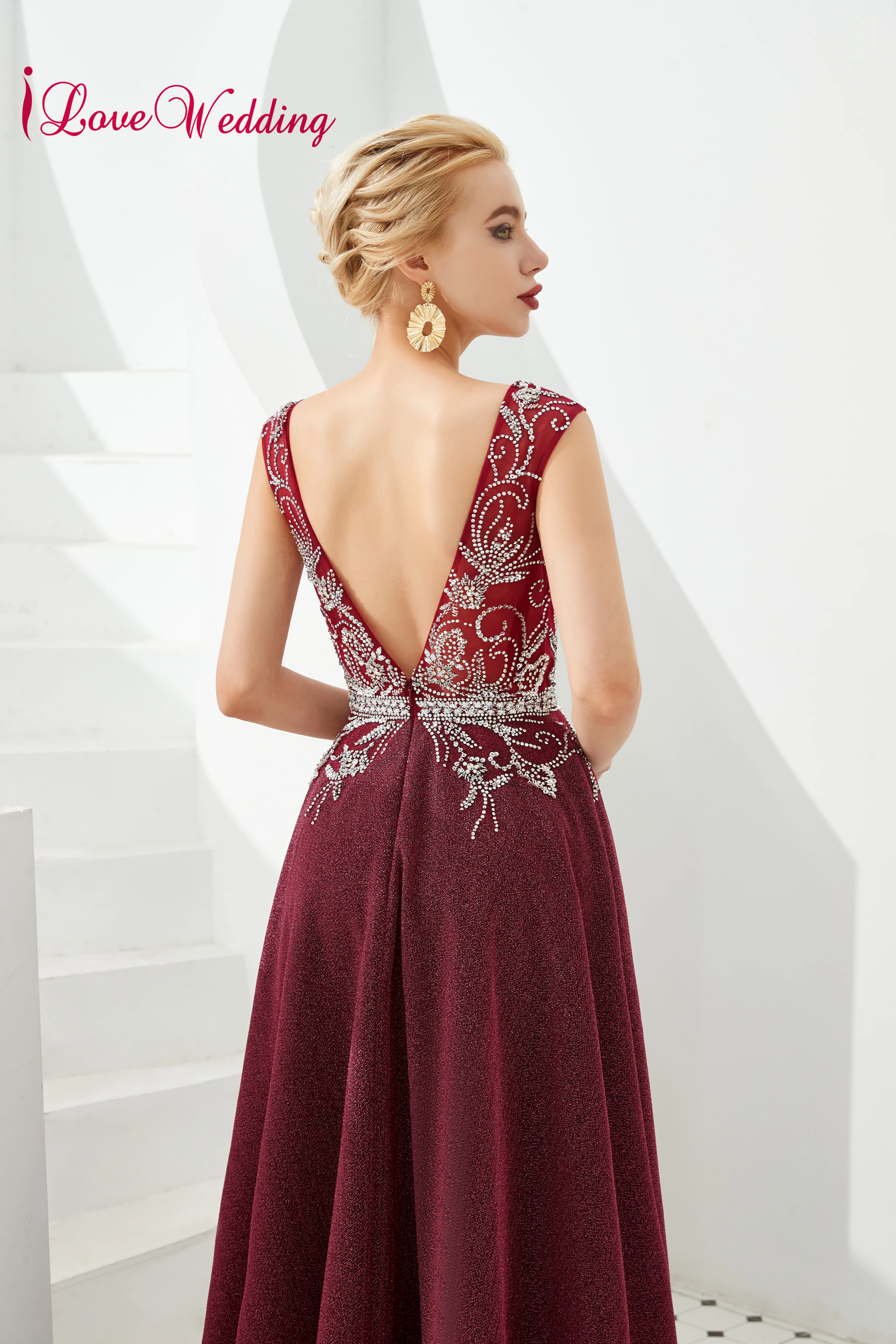 

Formal Dress Sexy V Neck Delicate Beaded Evening Gown Sleeveless A Line Wine Red Open Back Evening Dresses Long