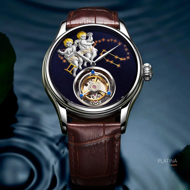 Настоящие Tourbillon, мужские часы, сапфировые близнецы, водонепроницаемые часы со знаком зодиака, мужские механические наручные часы с Tourbillon, 7014G - Цвет: White gold