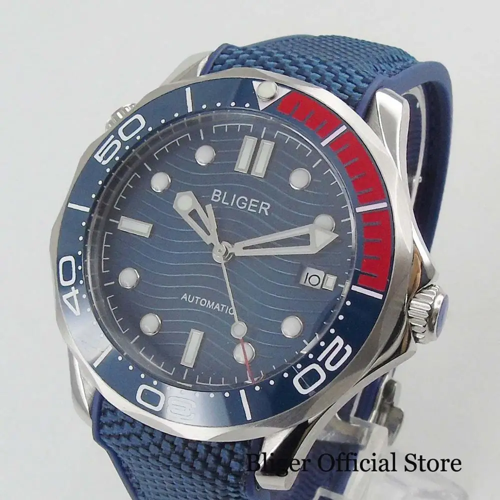 

Military Style 41mm Blue Dial With Date Window Automatic Movement Men's Watch Rubber Strap