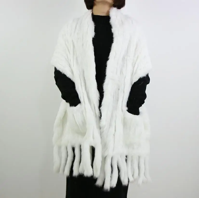 white Harppihop* Роскошные женские шарфы из натурального кроличьего меха с кисточками, женские шарфы из пашмины на осень и зиму, женские меховые шали - Цвет: white