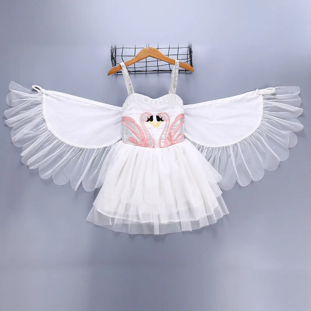 

Free shipping 2018 ins hot selling girls' white Swan wing performance dress angel flamingos princess camisole dress JQ-2045