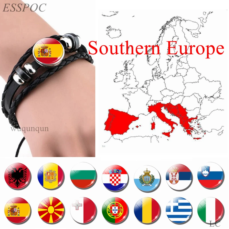 

Southern Europe: Portugal Greece Spain Italy Romania Flag Black Bracelet Glass Dome Jewelry Leather Button Men Bangle Gifts