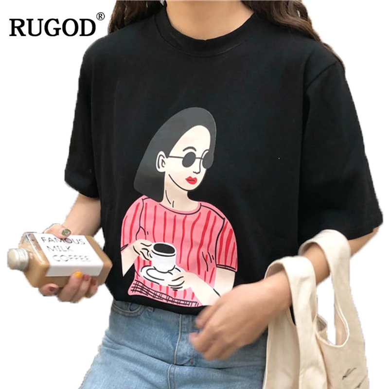 Модная однотонная женская футболка RUGOD 2019 с принтом персонажа Женские топы
