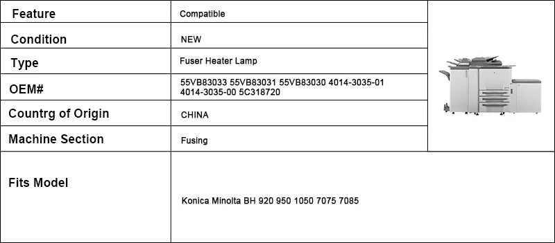 Used Original Fuser Heater Lamp 55VB83033 55VB83031 55VB83030 4014-3035-01 for Konica Minolta BH 920 950 1050 7075 7085