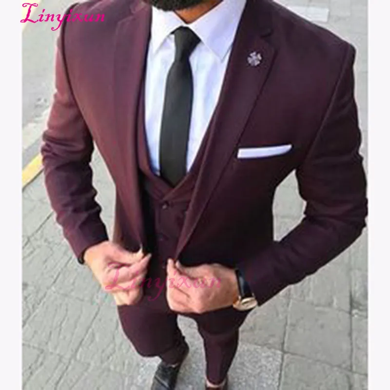 Linyixun 2017 последние конструкции пальто брюки бордовый мужской костюм Slim Fit смокинг