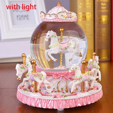 pink with light Хрустальный шар карусель музыкальная шкатулка снежинки и карусели круглые музыкальные коробки для любви девушки творческий день рождения подарок на день Святого Валентина - Цвет: pink with light