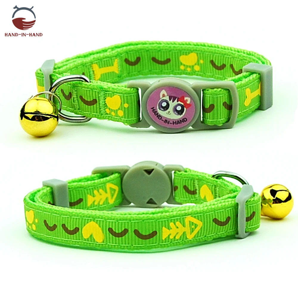Cat Collar Pet Product Collar Safety Buckle Quick Release Cartoon printed Collar - Цвет: Green Fishbone
