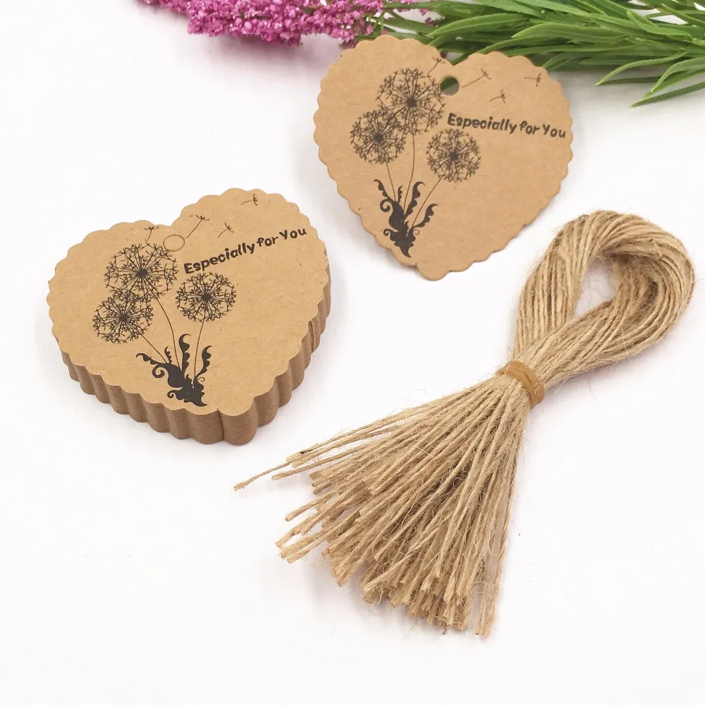 

200pcs Dandelion pattern Kraft Paper+200pcs ropes Hang Tags For Wedding Birthday Party Gift Paper Cards Gift box Tags