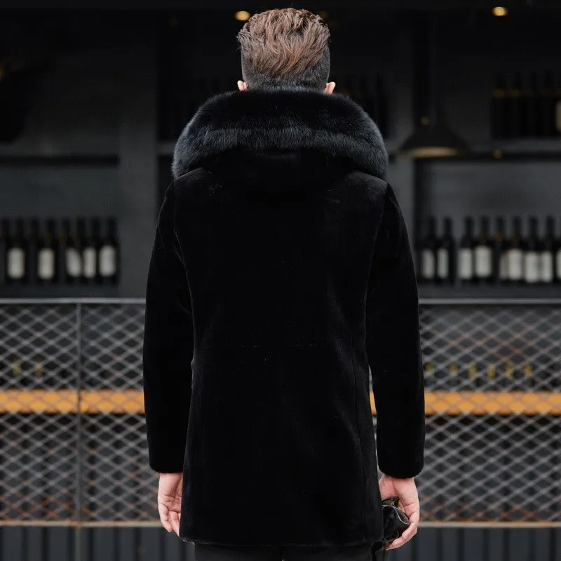 Черная шерстяная куртка с воротником из искусственного лисьего меха мужское
