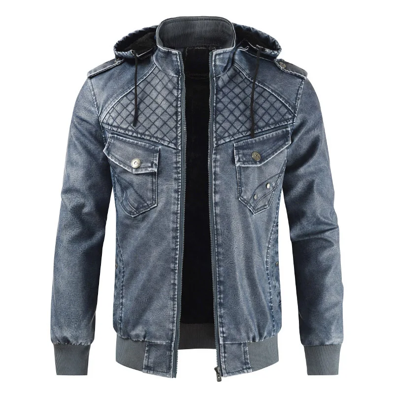 

Dropshipping Men's Leather Jackets Windproof Biker Moto Outerwear Coats Thick wool liner Brand Winter Warm Hooded Clothing plus