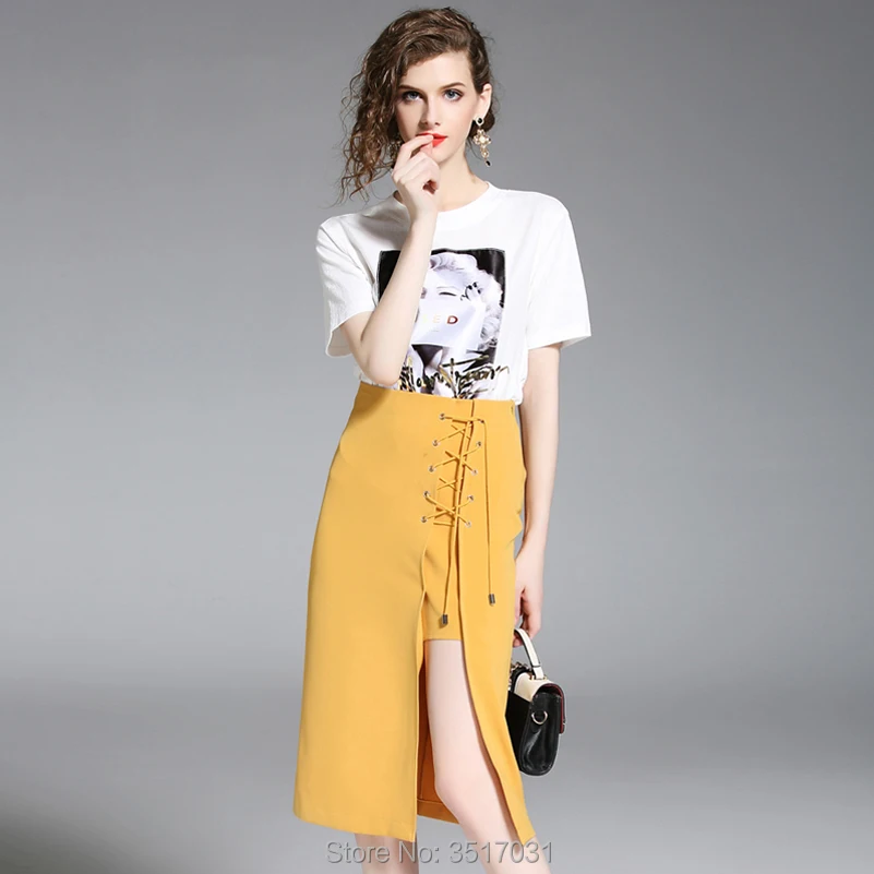 Новый печатные головки футболка с короткими рукавами и нерегулярных юбка