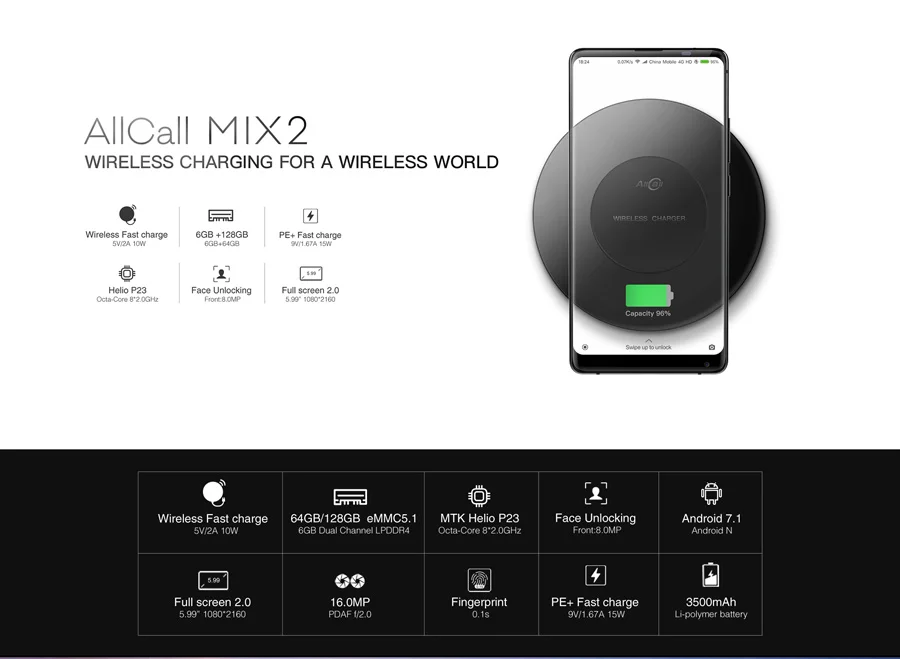 AllCall MIX 2 6 ГБ ОЗУ 64 Гб ПЗУ мобильный телефон 5,9" incell 18:9 Android 7,1 MTK6763 Helio P23 восьмиядерный смартфон Беспроводная зарядка