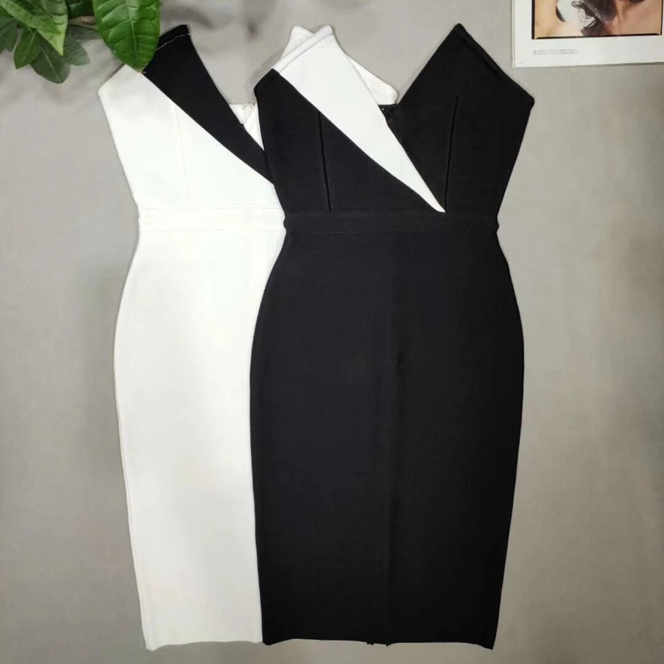 

2019 New Sexy Women Black White Patchwork Sleeveless V Neck Strapless Bandage Dress Celebrity Party Vestidos Wholesale