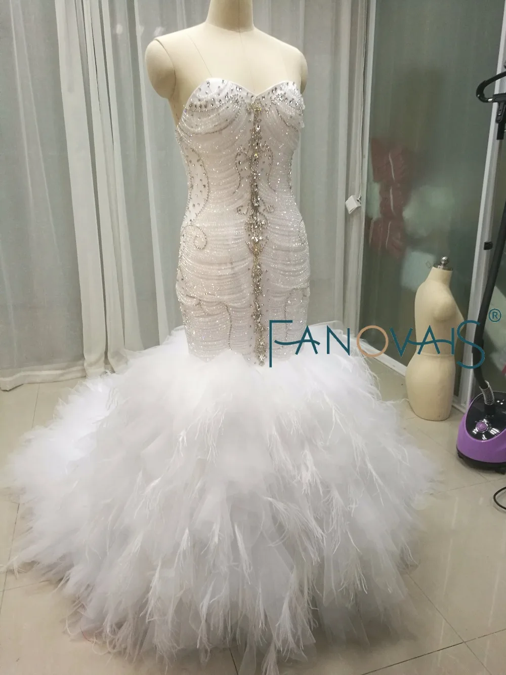 Роскошные сверкающие Русалка свадебные платья Кристалл топ с пером снизу vestido de
